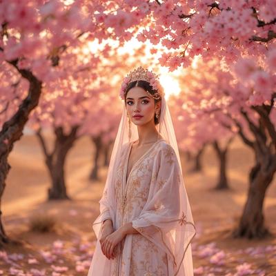 The primary subject of the image is a woman wearing a veil and a dress, standing in front of a tree. The setting is a forest with pink flowers, creating a serene and natural atmosphere. The visual style is a photo, capturing the woman's beauty and the surrounding environment. The colors and mood of the image are predominantly pink, which adds a sense of romance and elegance to the scene.